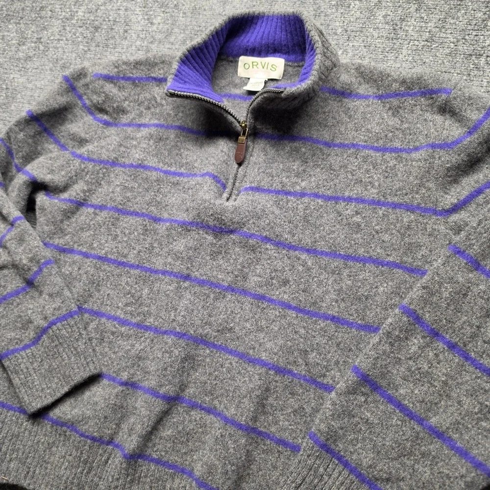 Orvis Mens XL Lambswool Sweater Quarter Zip Gray Purple Striped Outdoor Preppy